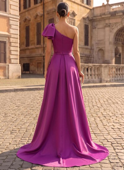 Unique Bow Accented One-Shoulder Ruched Wasit Satin Evening Dresses