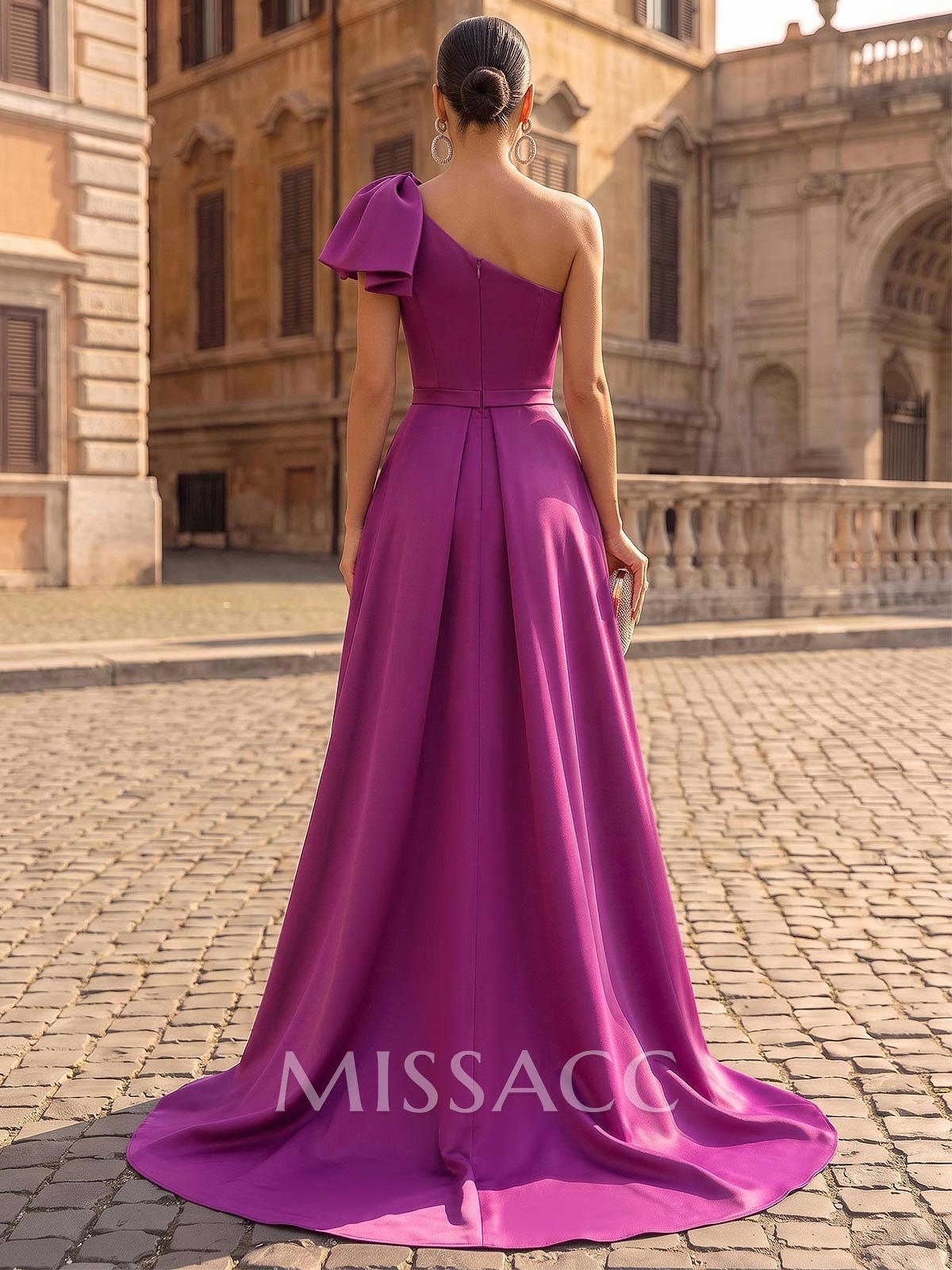 Unique Bow Accented One-Shoulder Ruched Wasit Satin Evening Dresses