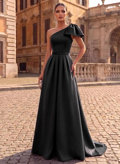 Unique Bow Accented One-Shoulder Ruched Wasit Satin Evening Dresses