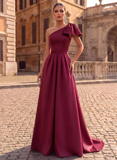 Unique Bow Accented One-Shoulder Ruched Wasit Satin Evening Dresses