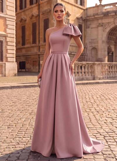 Unique Bow Accented One-Shoulder Ruched Wasit Satin Evening Dresses