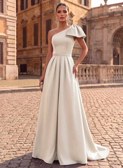 Unique Bow Accented One-Shoulder Ruched Wasit Satin Evening Dresses