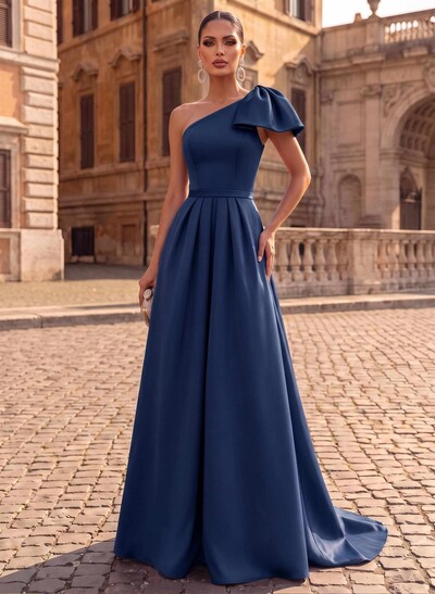Unique Bow Accented One-Shoulder Ruched Wasit Satin Evening Dresses