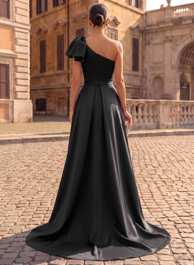 Unique Bow Accented One-Shoulder Ruched Wasit Satin Evening Dresses