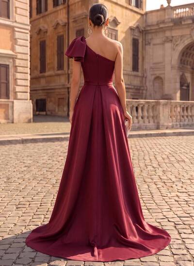Unique Bow Accented One-Shoulder Ruched Wasit Satin Evening Dresses