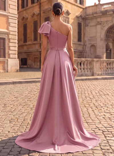 Unique Bow Accented One-Shoulder Ruched Wasit Satin Evening Dresses