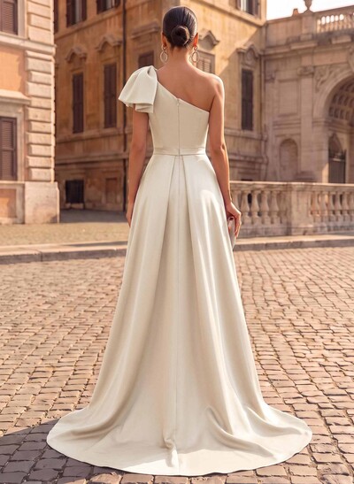 Unique Bow Accented One-Shoulder Ruched Wasit Satin Evening Dresses