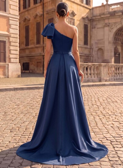 Unique Bow Accented One-Shoulder Ruched Wasit Satin Evening Dresses