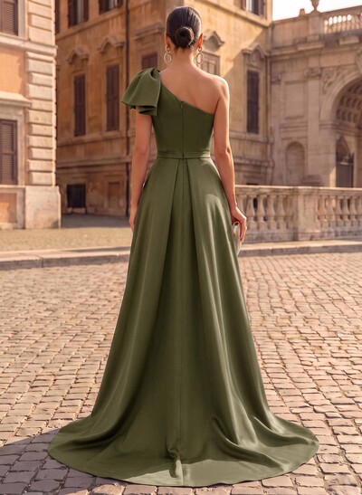 Unique Bow Accented One-Shoulder Ruched Wasit Satin Evening Dresses