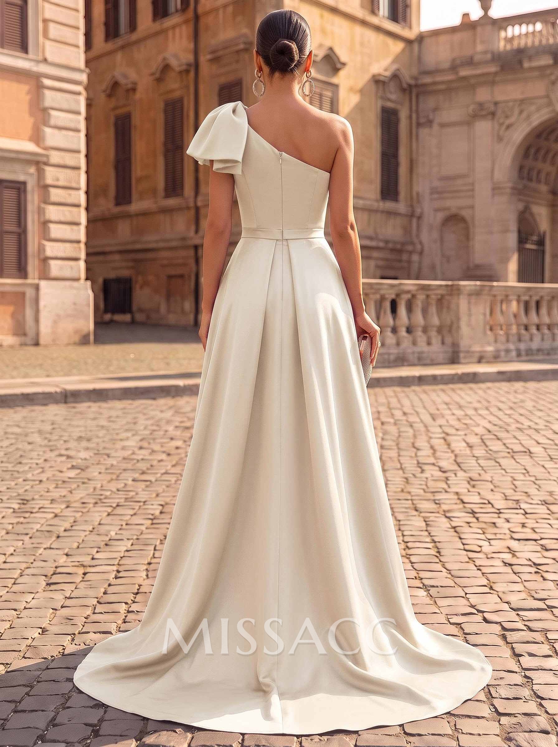 Unique Bow Accented One-Shoulder Ruched Wasit Satin Evening Dresses