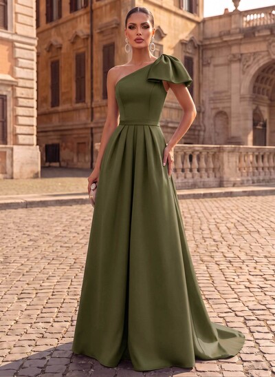 Unique Bow Accented One-Shoulder Ruched Wasit Satin Evening Dresses