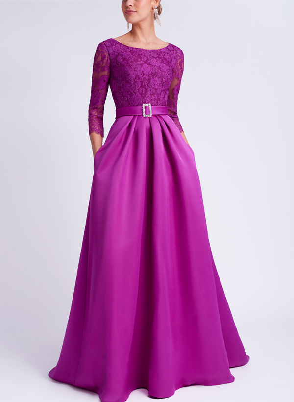 Elegant Lace Sleeves Evening Dresses With Beading Satin