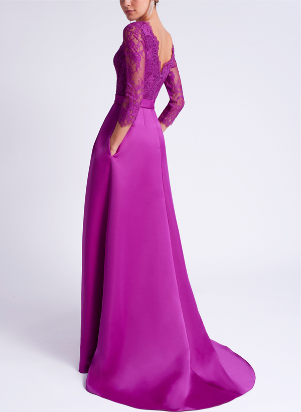 Elegant Lace Sleeves  Evening Dresses With Beading Satin 