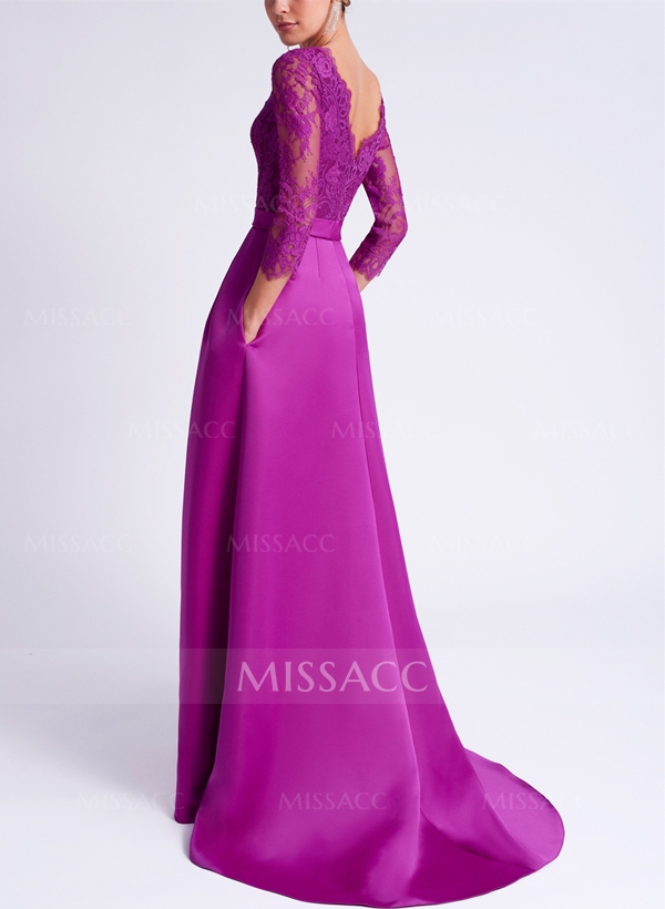 Elegant Lace Sleeves Evening Dresses With Beading Satin