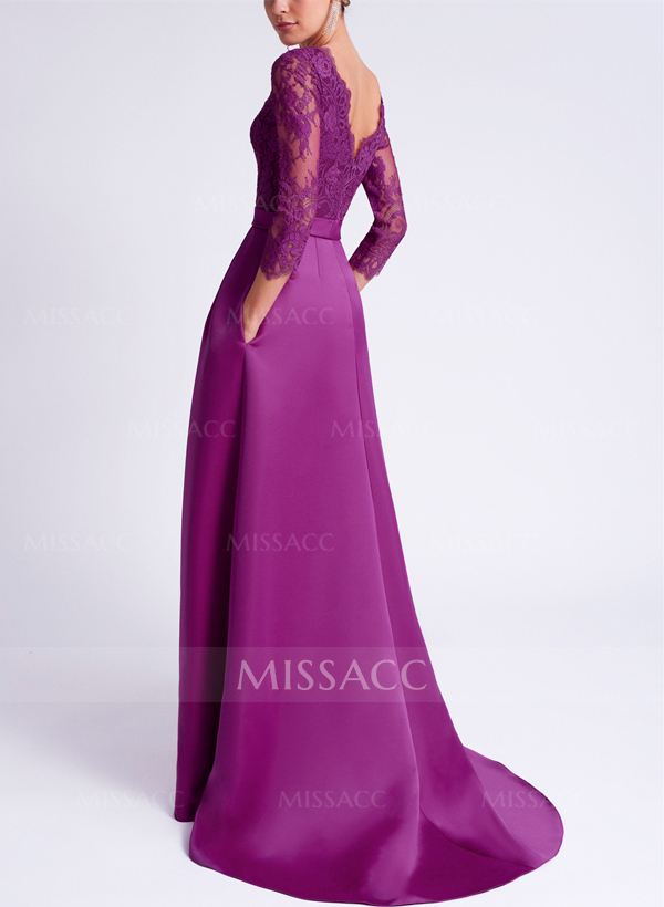 Elegant Lace Sleeves Evening Dresses With Beading Satin