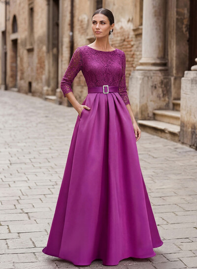 Elegant Lace Sleeves Evening Dresses With Beading Satin