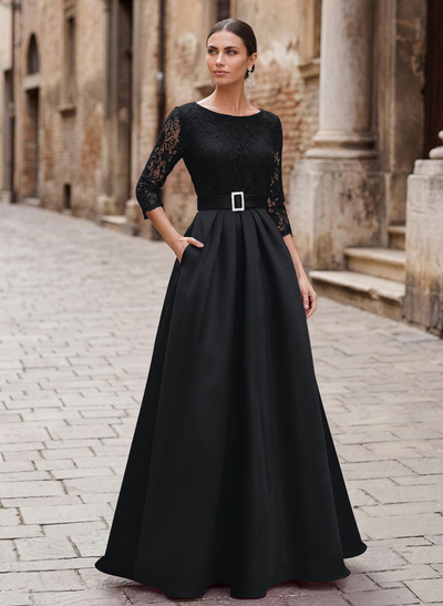 Elegant Lace Sleeves Evening Dresses With Beading Satin