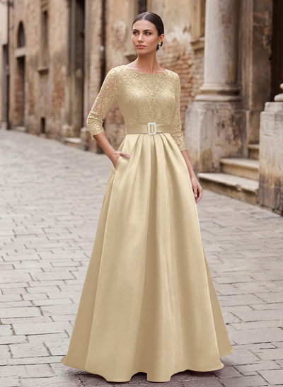 Elegant Lace Sleeves Evening Dresses With Beading Satin