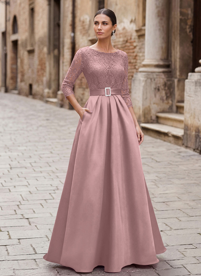 Elegant Lace Sleeves Evening Dresses With Beading Satin
