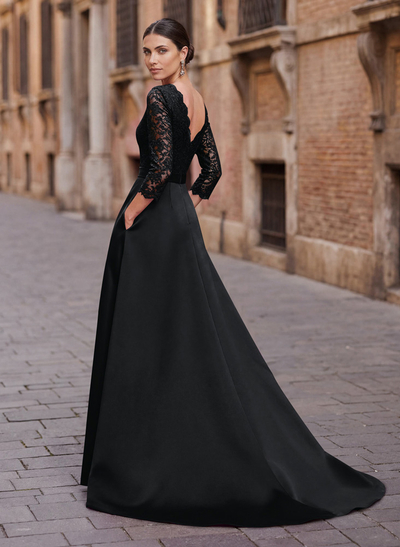 Elegant Lace Sleeves Evening Dresses With Beading Satin