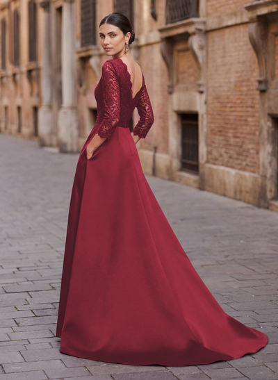 Elegant Lace Sleeves Evening Dresses With Beading Satin