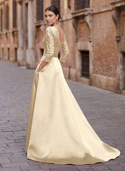 Elegant Lace Sleeves Evening Dresses With Beading Satin