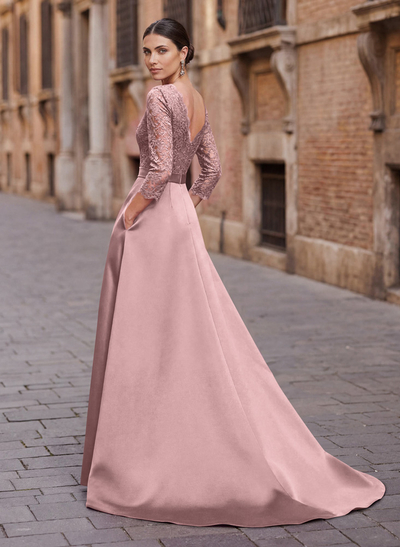 Elegant Lace Sleeves Evening Dresses With Beading Satin