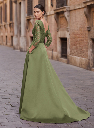 Elegant Lace Sleeves Evening Dresses With Beading Satin