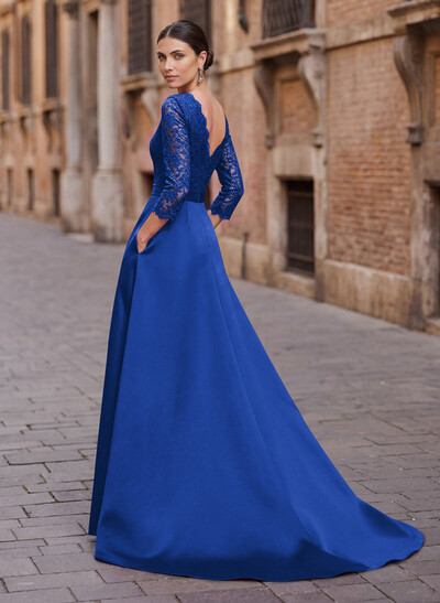 Elegant Lace Sleeves Evening Dresses With Beading Satin