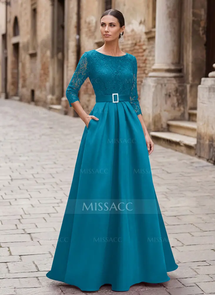 Elegant Lace Sleeves Evening Dresses With Beading Satin - Missacc