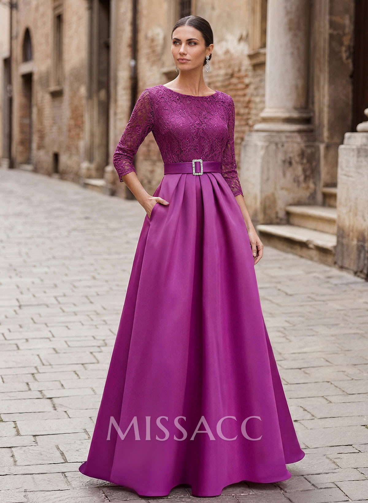 Elegant Lace Sleeves Evening Dresses With Beading Satin