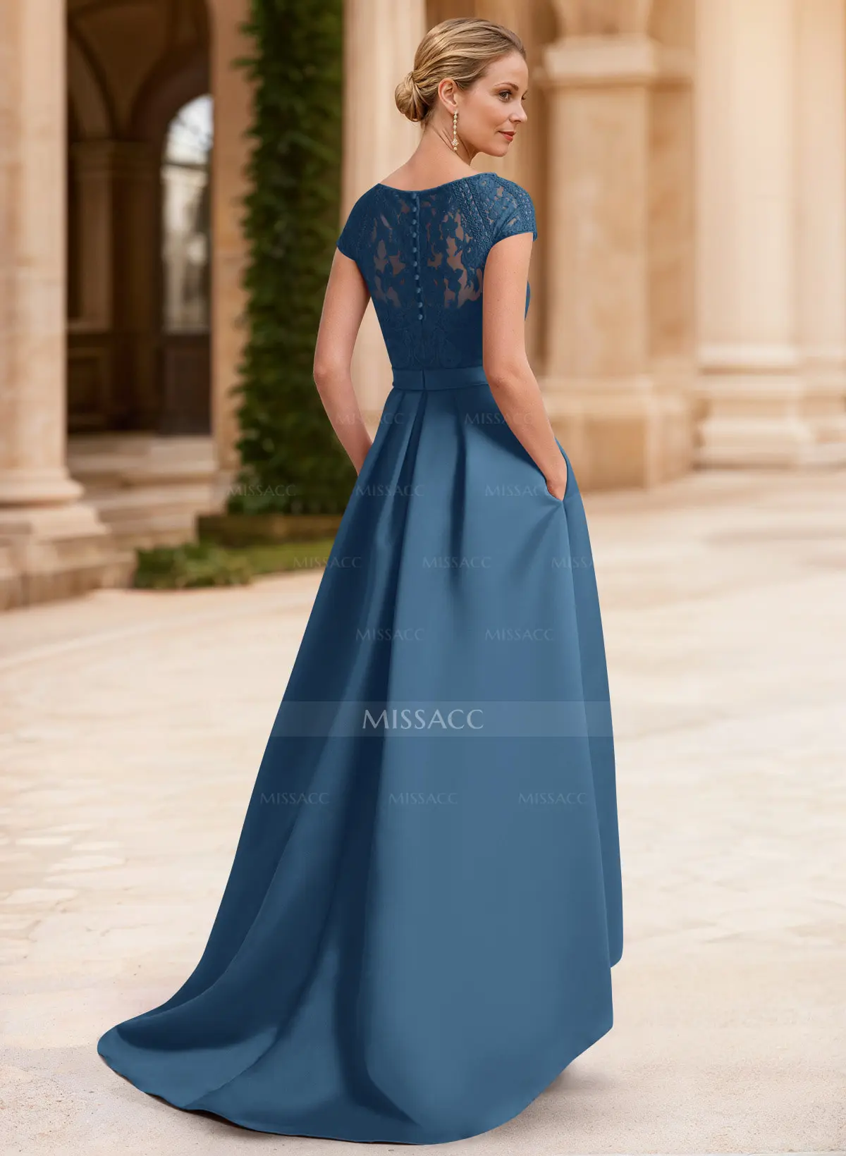 Missacc Home Try-on Slate Blue Evening Dresses Lace Elegant A-Line Evening Dresses with Beading Satin