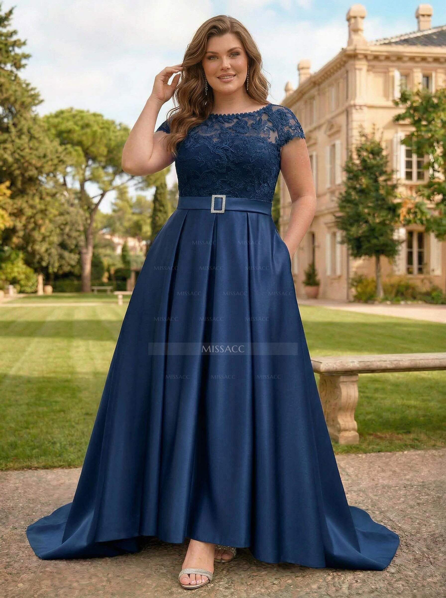 Lace Elegant A-Line Evening Dresses With Beading Satin