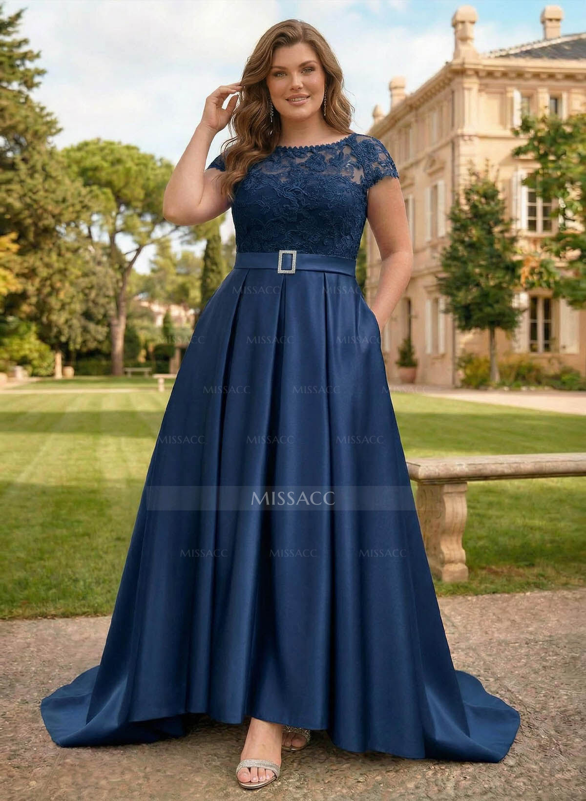 Lace Elegant A-Line Evening Dresses With Beading Satin