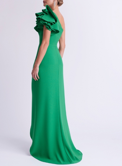 One-Shoulder A-Line Ruffle Evening Dresses With Elastic Satin