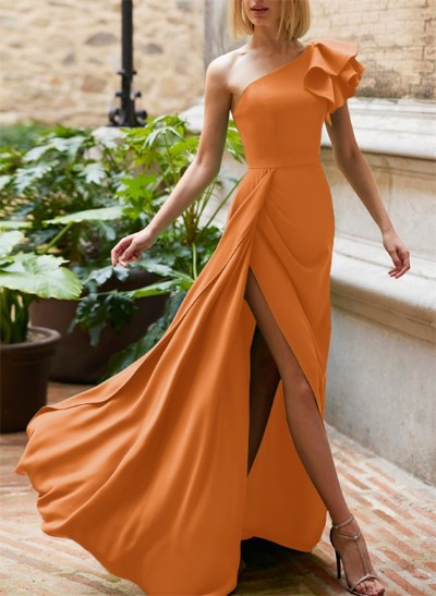 One-Shoulder A-Line Ruffle Evening Dresses With Satin