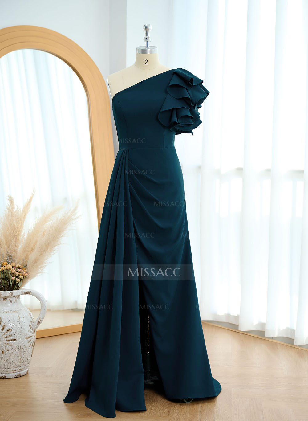 One-Shoulder A-Line Ruffle Evening Dresses With Elastic Satin