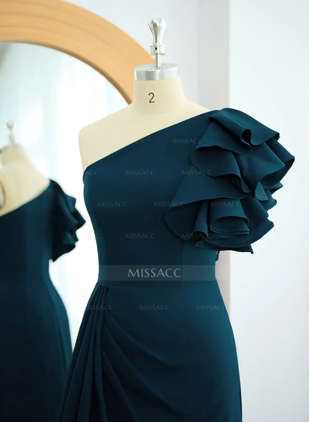 Missacc Emerald Evening Dresses One-Shoulder A-Line Ruffle Evening Dresses with Elastic Satin
