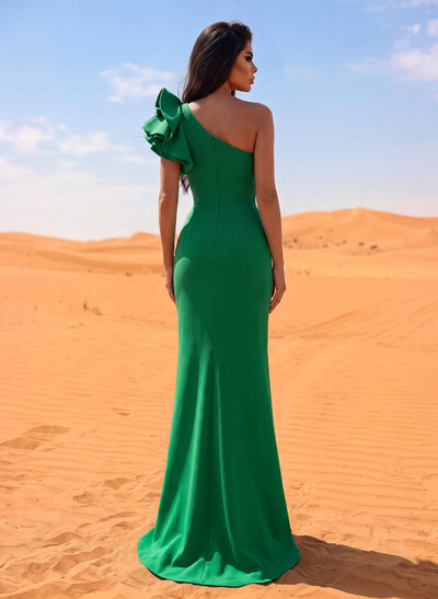 One-Shoulder A-Line Ruffle Evening Dresses With Elastic Satin