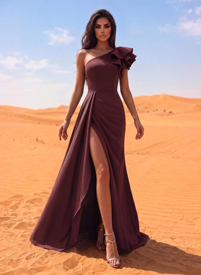 One-Shoulder A-Line Ruffle Evening Dresses With Elastic Satin