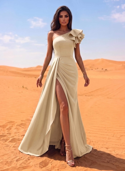 One-Shoulder A-Line Ruffle Evening Dresses With Elastic Satin