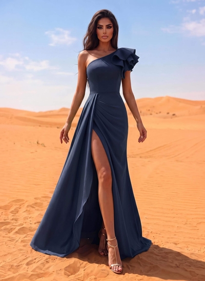 One-Shoulder A-Line Ruffle Evening Dresses With Elastic Satin