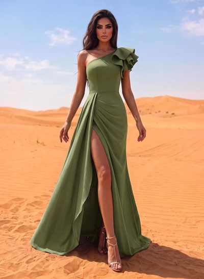 One-Shoulder A-Line Ruffle Evening Dresses With Elastic Satin