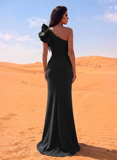 One-Shoulder A-Line Ruffle Evening Dresses With Elastic Satin