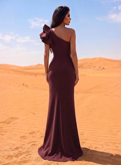 One-Shoulder A-Line Ruffle Evening Dresses With Elastic Satin