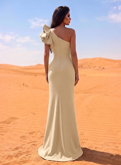 One-Shoulder A-Line Ruffle Evening Dresses With Elastic Satin