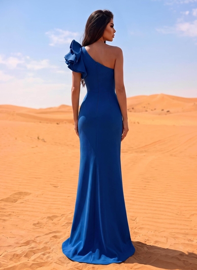 One-Shoulder A-Line Ruffle Evening Dresses With Elastic Satin