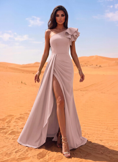 One-Shoulder A-Line Ruffle Evening Dresses With Elastic Satin