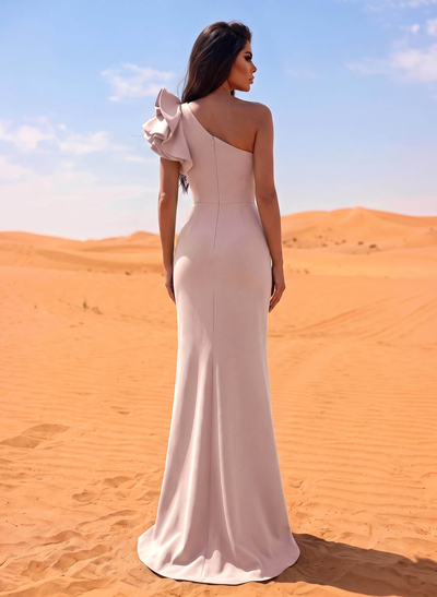 One-Shoulder A-Line Ruffle Evening Dresses With Elastic Satin