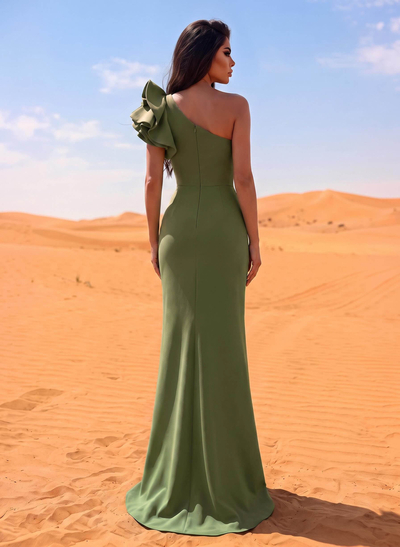 One-Shoulder A-Line Ruffle Evening Dresses With Elastic Satin
